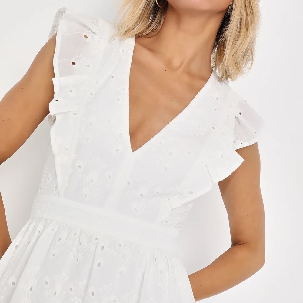 Lulu's White Mini Cotton Sundress with Flutter Sleeves